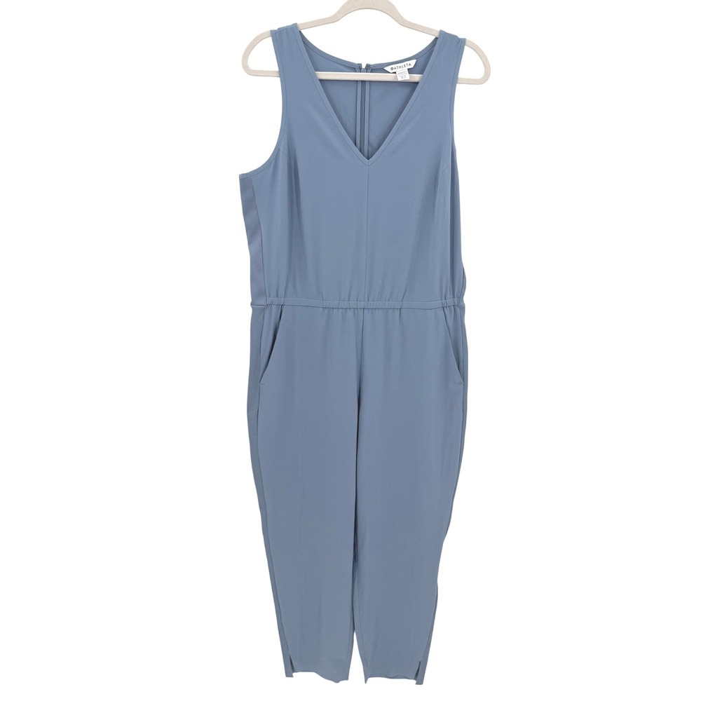 Athleta Brooklyn Dusty Blue Sleeveless‎ V-Neck Elastic Waist Pocket Jumpsuit 14P